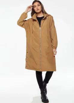Women's Never Give up Parka in Camel with Eye-catching Embroidery, Oversized Hood, and Functional Design Features