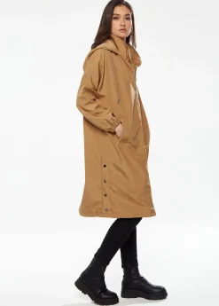 Women's Never Give up Parka in Camel with Eye-catching Embroidery, Oversized Hood, and Functional Design Features