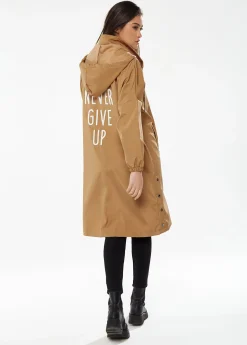 Women's Never Give up Parka in Camel with Eye-catching Embroidery, Oversized Hood, and Functional Design Features