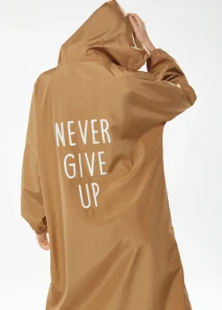 Women's Never Give up Parka in Camel with Eye-catching Embroidery, Oversized Hood, and Functional Design Features