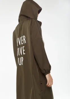 Women's Never Give Up Parka in Khaki with Full-Length Sleeves, Eye-Catching Embroidery, and Practical Side Pockets