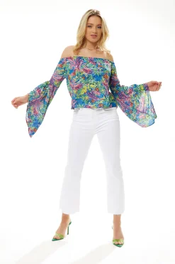 Women's Off Shoulder Multicolour Floral Print Top - Summer Style, Regular Fit, Short Sleeves, UK Sizes S- L