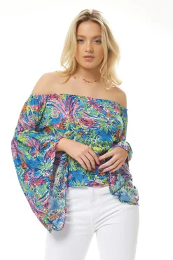Women's Off Shoulder Multicolour Floral Print Top - Summer Style, Regular Fit, Short Sleeves, UK Sizes S- L