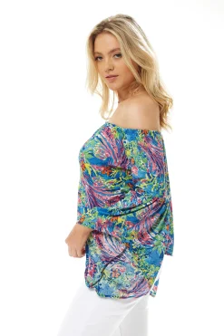 Women's Off Shoulder Multicolour Floral Print Top - Summer Style, Regular Fit, Short Sleeves, UK Sizes S- L