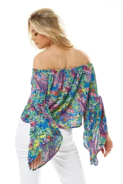 Women's Off Shoulder Multicolour Floral Print Top - Summer Style, Regular Fit, Short Sleeves, UK Sizes S- L