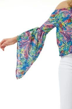 Women's Off Shoulder Multicolour Floral Print Top - Summer Style, Regular Fit, Short Sleeves, UK Sizes S- L