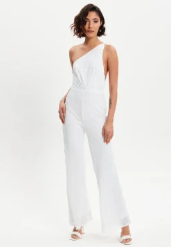 Women's One Shoulder Backless Sequin Jersey Jumpsuit with Straight Leg, Elasticated Waist - Liquorish