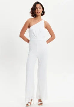 Women's One Shoulder Backless Sequin Jersey Jumpsuit with Straight Leg, Elasticated Waist - Liquorish