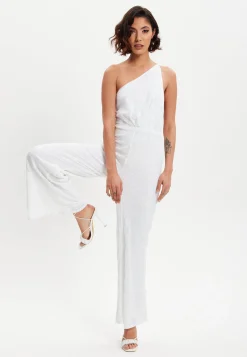 Women's One Shoulder Backless Sequin Jersey Jumpsuit with Straight Leg, Elasticated Waist - Liquorish