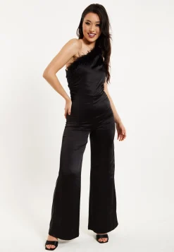 Women’s One Shoulder Slim Fit Black Jumpsuit with Fur Detail and Ruched Bodice - Liquorish