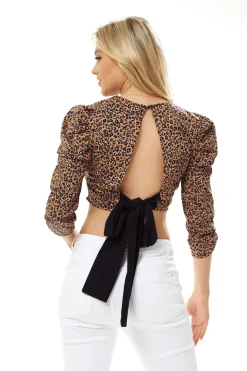Women's Open Back Animal Print Crop Top in Brown - 3/4 Sleeve, High Neck, Tie Detail Back, Cropped Length