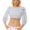 Women's Open Back Floral Crop Top in White - 3/4 Sleeve, High Neck, Cropped Length, Tie Detail Back