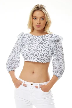 Women's Open Back Floral Crop Top in White - 3/4 Sleeve, High Neck, Cropped Length, Tie Detail Back