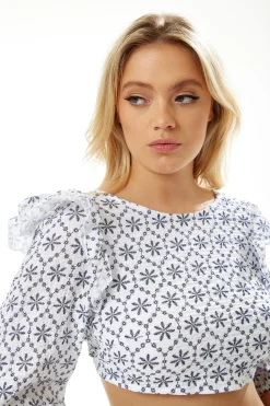 Women's Open Back Floral Crop Top in White - 3/4 Sleeve, High Neck, Cropped Length, Tie Detail Back
