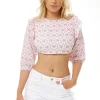 Women’s Open Back Red Floral Crop Top in White - Cropped, 3/4 sleeves, high neck, tie detail back, floral print.