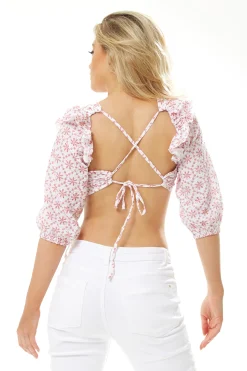 Women’s Open Back Red Floral Crop Top in White - Cropped, 3/4 sleeves, high neck, tie detail back, floral print.