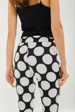 Women's Oversized Black & White Polka Dot Wide Leg Trousers with Regular Fit and Comfortable Stretch