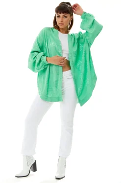 Women's Oversized Long Sleeve Green Jacquard Kimono with Open Front Design and Elegant Texture for Effortless Style