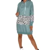 Women's Oversized Midi Hoodie Dress in Sage with Trendy Leopard Print