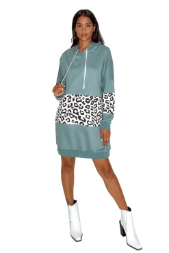 Women's Oversized Midi Hoodie Dress in Sage with Trendy Leopard Print