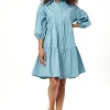 Women's Oversized Midi Shirt Dress, Blue, Button-Up Front, 3/4 Sleeve, Chic Collar