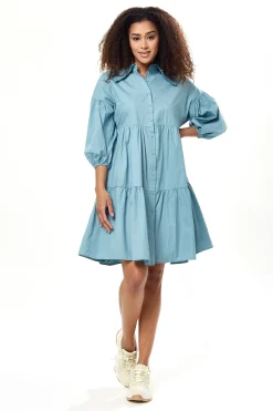 Women's Oversized Midi Shirt Dress, Blue, Button-Up Front, 3/4 Sleeve, Chic Collar