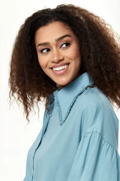 Women's Oversized Midi Shirt Dress, Blue, Button-Up Front, 3/4 Sleeve, Chic Collar