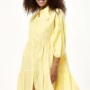 Women's Oversized Yellow Shirt Dress with 3/4 Sleeves, Button-Up Front, and Chic Collar Detail