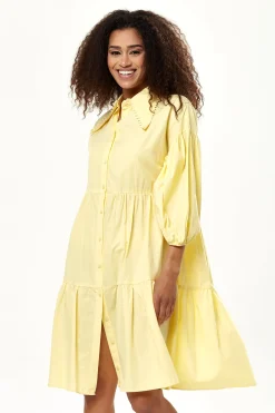 Women's Oversized Yellow Shirt Dress with 3/4 Sleeves, Button-Up Front, and Chic Collar Detail