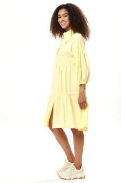 Women's Oversized Yellow Shirt Dress with 3/4 Sleeves, Button-Up Front, and Chic Collar Detail