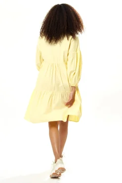 Women's Oversized Yellow Shirt Dress with 3/4 Sleeves, Button-Up Front, and Chic Collar Detail