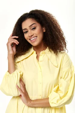 Women's Oversized Yellow Shirt Dress with 3/4 Sleeves, Button-Up Front, and Chic Collar Detail