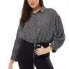 Women’s Painterly Print Crop Shirt in Grey - Long Sleeve, Cropped Style, Tie Waist