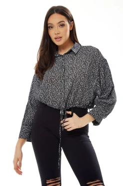 Women’s Painterly Print Crop Shirt in Grey - Long Sleeve, Cropped Style, Tie Waist