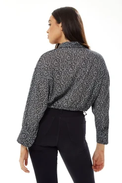 Women’s Painterly Print Crop Shirt in Grey - Long Sleeve, Cropped Style, Tie Waist