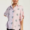 Women's Pink And Lilac Floral Print Shirt With Short Sleeves, Button Up Front, Regular Fit, Shirt Collar