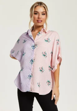 Women's Pink And Lilac Floral Print Shirt With Short Sleeves, Button Up Front, Regular Fit, Shirt Collar
