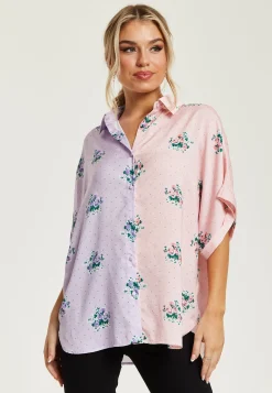 Women's Pink And Lilac Floral Print Shirt With Short Sleeves, Button Up Front, Regular Fit, Shirt Collar