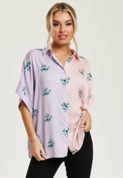 Women's Pink And Lilac Floral Print Shirt With Short Sleeves, Button Up Front, Regular Fit, Shirt Collar