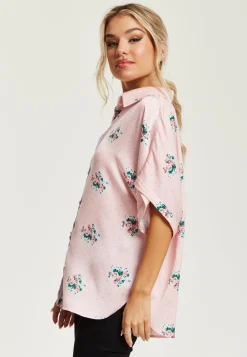 Women's Pink And Lilac Floral Print Shirt With Short Sleeves, Button Up Front, Regular Fit, Shirt Collar