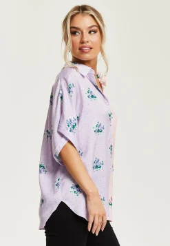 Women's Pink And Lilac Floral Print Shirt With Short Sleeves, Button Up Front, Regular Fit, Shirt Collar