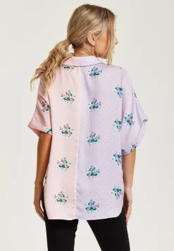 Women's Pink And Lilac Floral Print Shirt With Short Sleeves, Button Up Front, Regular Fit, Shirt Collar