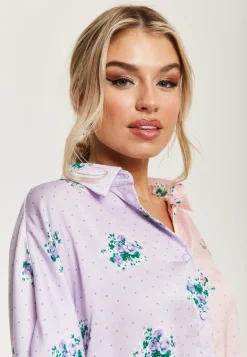 Women's Pink And Lilac Floral Print Shirt With Short Sleeves, Button Up Front, Regular Fit, Shirt Collar