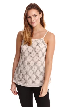 Women's Pink Cami Top with Sequins Embroidery, Spaghetti Straps, Loose Fit, Ideal for Stylish Casual Wear