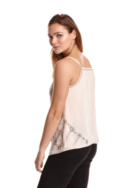 Women's Pink Cami Top with Sequins Embroidery, Spaghetti Straps, Loose Fit, Ideal for Stylish Casual Wear