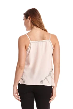 Women's Pink Cami Top with Sequins Embroidery, Spaghetti Straps, Loose Fit, Ideal for Stylish Casual Wear