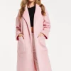 Women’s Pink Longline Coat with Notch Collar and Tie Waist – Relaxed Fit, Side Pockets, Fits Large to Size, Liquorish
