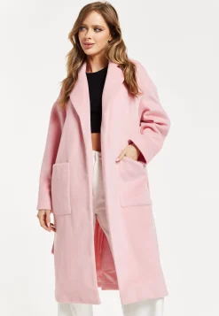Women’s Pink Longline Coat with Notch Collar and Tie Waist – Relaxed Fit, Side Pockets, Fits Large to Size, Liquorish