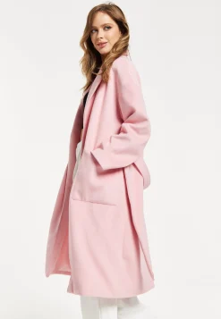 Women’s Pink Longline Coat with Notch Collar and Tie Waist – Relaxed Fit, Side Pockets, Fits Large to Size, Liquorish