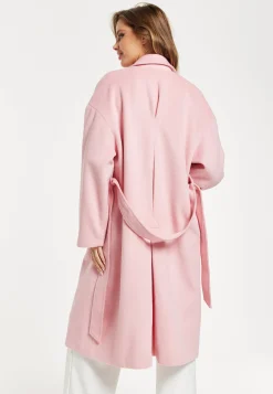 Women’s Pink Longline Coat with Notch Collar and Tie Waist – Relaxed Fit, Side Pockets, Fits Large to Size, Liquorish